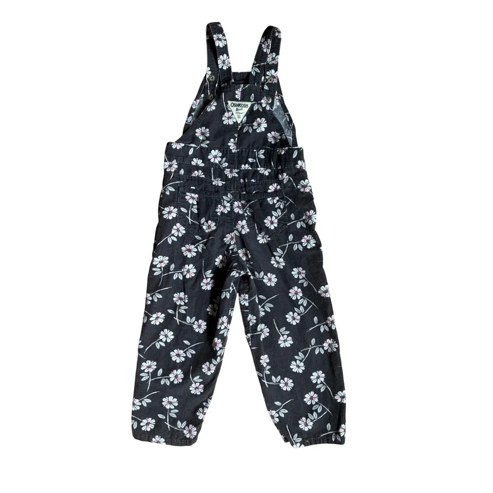 OshKosh B'gosh Toddler Girls 3T Black Floral Corduroy Overalls Daisy Print